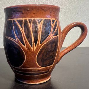 Handcrafted Wheel-Thrown Earthy Tone Pottery Mug w/ Tree Motif ~ Artist Signed